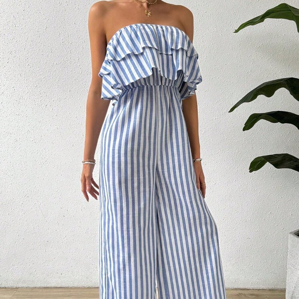 Blue and White Boho Women's Striped Strapless Wide Leg Jumpsuit With Ruffled - Picture 6 of 8